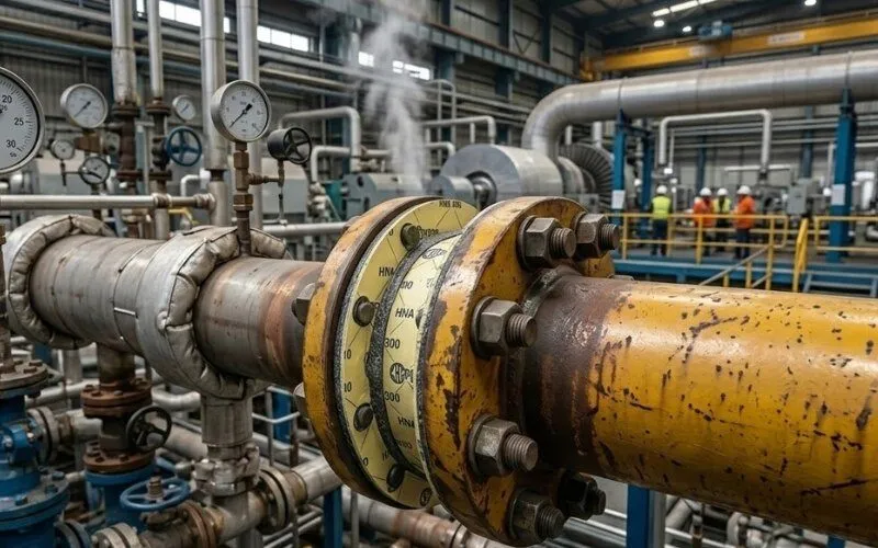 Gioăng bìa hỏng tháo ra từ mặt bích, mép bị trương và nứt do hoá chất và siết lệch